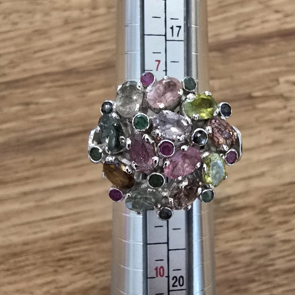 Real gemstones cluster ring. Sterling Silver
